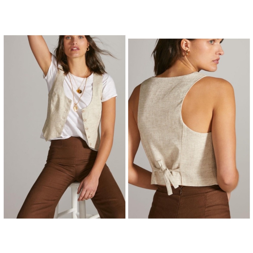 Anthropologie Sunday in Brooklyn Vest Women XS Oatmeal Linen Blend Waistcoat Tie